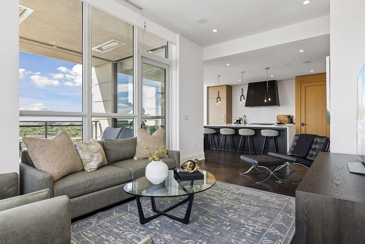 Interior listing photo with staging and furniture detection boxes highlighted